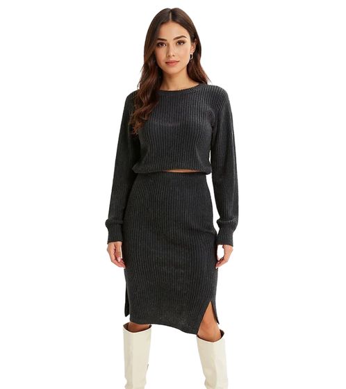 Damen Midi-Rock stylischer Strick-Rock mit Gummibund Große Größen 932509 Anthrazit melliert