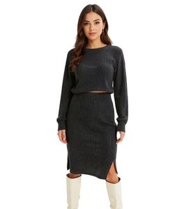 Gonna midi da donna, elegante gonna in maglia con elastico in vita, 932509, antracite screziato Gonna midi da donna, elegante gonna in maglia con elastico in vita, 932509, antracite screziato