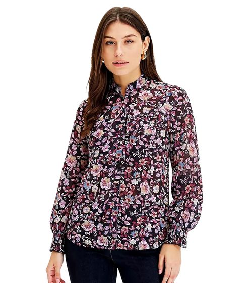 Damen Bluse modische Sommer-Bluse Chiffon-Bluse mir Blumendruck Große Größen 975299 Dunkelblau/Pink/Lila