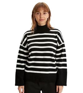 Suéter de punto para mujer, suéter de punto fino a rayas con mangas anchas 933284 Negro/Blanco