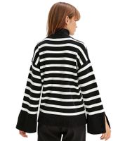 Suéter de punto para mujer, suéter de punto fino a rayas con mangas anchas 933284 Negro/Blanco