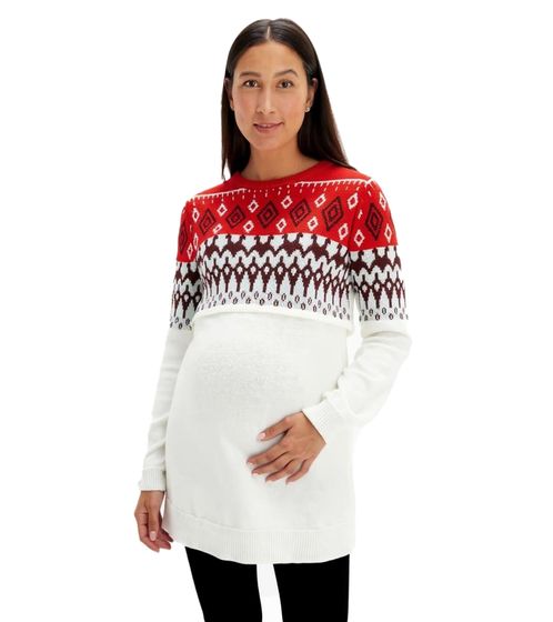 Damen Pullover kuscheliger Umstands-Pulli Schwangerschafts-Kleidung im Norweger-Design 920178 Rot/Beige/Weiß