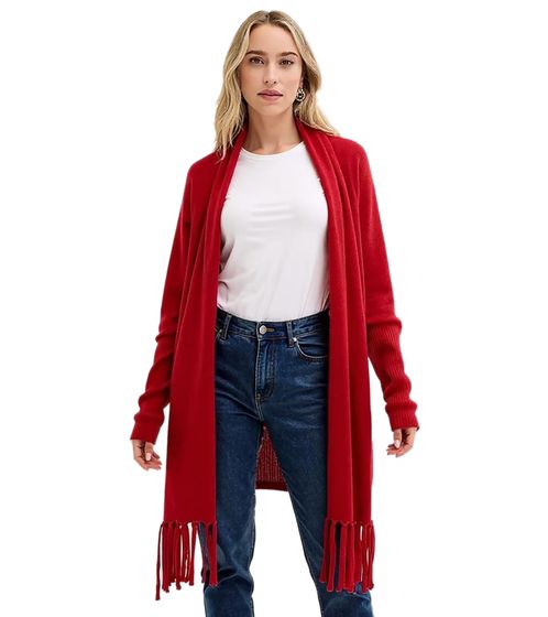 Women's Merino Wool Cardigan with Scarf Poncho 915115 Red