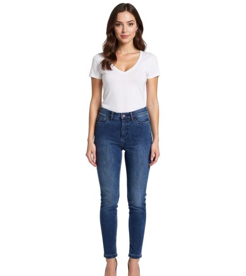 Women's slim-fitting denim jeans in a 4-pocket style with an elastic waistband, 956723 Blue