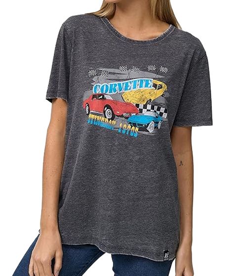 T-shirt da donna RE:COVERED Vintage Corvette con stampa auto, camicia in cotone, camicia a maniche corte, MMPKC478 Grigio