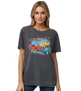 RE:COVERED Vintage Corvette Damen T-Shirt mit Auto-Print Baumwoll-Shirt Kurzarm-Shirt MMPKC478 Grau
