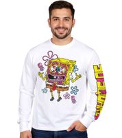 RE:COVERED X Nickelodeon Men's Long-Sleeved Shirt with SpongeBob SquarePants Design, Cotton Pullover, Crew Neck, RCVCM688 White