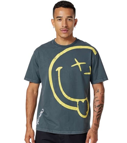 T-shirt da uomo RE:COVERED X Smileyworld con stampa Smiley, girocollo in cotone, MMSMLYWD399 Grigio