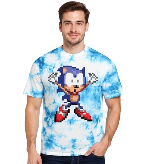 T-shirt da uomo RE:COVERED X SEGA con stampa di Sonic, girocollo in cotone, RCSEGA552 Blu/Bianco