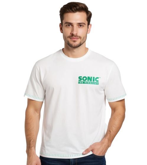 T-shirt da uomo RE:COVERED X SEGA con stampa di Sonic, girocollo in cotone, RCSEGA551, Ecru-Bianco