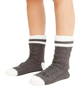Damen Hausschuhsocken warme Winter-Strümpfe Freizeit-Strümpfe Slipper-Socken gestrickte Kuschel-Socken 927387 Grau/Weiß