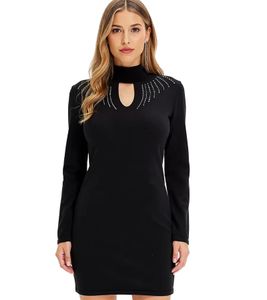 Women's Knit Dress, Mini Dress with Turtleneck and Cutout Details, Long-Sleeved Dress 916864 Black