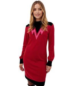 Women's Jacquard Knit Mini Dress with Round Neck, Long Sleeves, 923895 Red