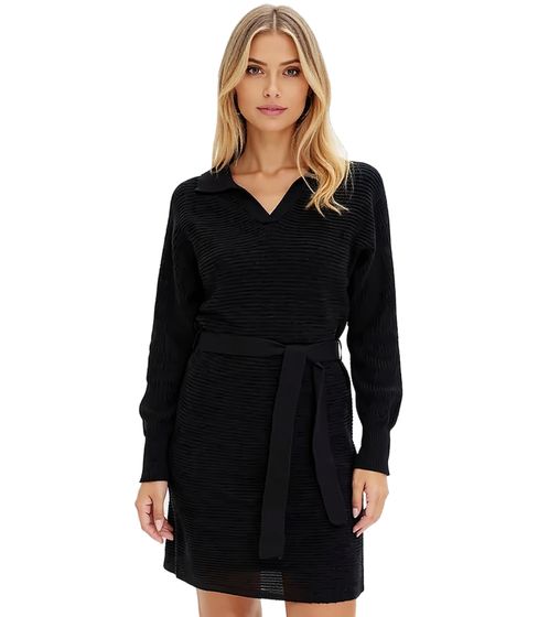 Robe en maille pour femme, mini-robe à col polo, robe en coton à manches longues, 905509, noir