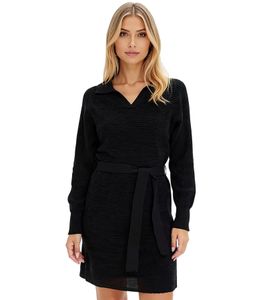 Women's Knit Dress, Mini Dress with Polo Collar, Long-Sleeved Cotton Dress, 905509 Black