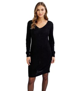 Women's Knit Dress with V-Neck, Mini Dress with Straight Cut, Long-Sleeved Dress 971974 Black