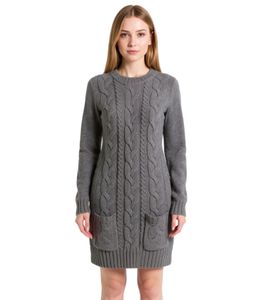 Women's Knit Dress with Turtleneck Sweater Dress in Cable Knit 907965 Gray