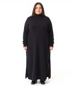 Abito midi da donna con collo alto, abito in maglia a maniche lunghe Grandi dimensioni 915602 Nero