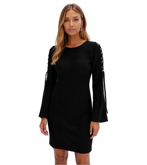 Women's Knit Dress with Lace-Up Detail, Mini Dress, Long-Sleeved Dress 912630 Black