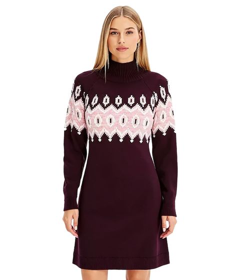Women's Fair Isle Knit Turtleneck Mini Dress, Long Sleeve Dress 976263 Wine Red