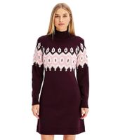 Vestido corto de punto Fair Isle para mujer, cuello alto, manga larga, 976263, rojo vino