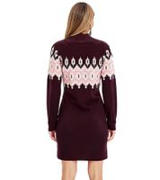 Vestido corto de punto Fair Isle para mujer, cuello alto, manga larga, 976263, rojo vino