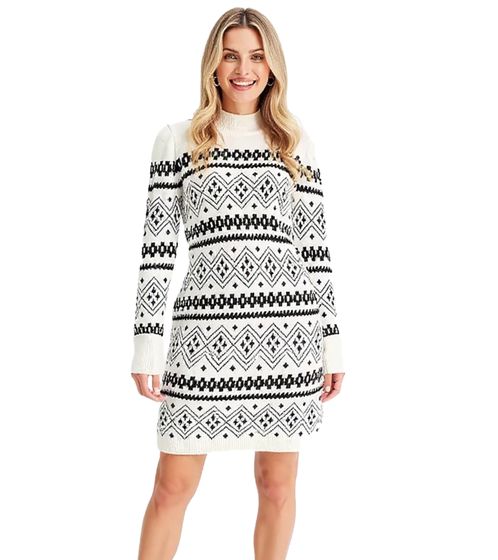 Women's Fair Isle Knit Turtleneck Mini Dress, Long Sleeve Dress 946814 White