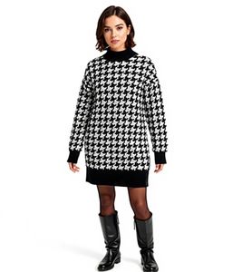 Women's Knit Dress with Houndstooth Pattern, Mini Dress with Long Sleeves and Stand-Up Collar, 914658 Black/White
