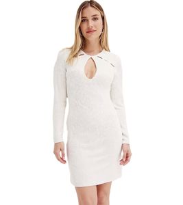 Elegant women's knit dress, business dress with round neck, long-sleeved dress 955551 White