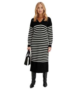 Women's Midi Dress, Striped Long-Sleeved Dress with V-Neck, Knit Dress 948157 Black