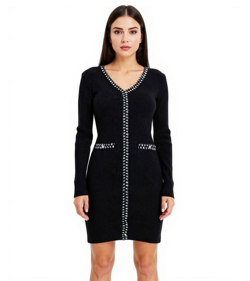 Women's Rib-Knit Dress with Decorative Stripes and Pockets, Mini Dress with Long Sleeves, 913875 Black