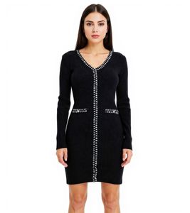Abito da donna in maglia a coste con righe decorative e tasche, miniabito a maniche lunghe, 913875 Nero Abito da donna in maglia a coste con righe decorative e tasche, miniabito a maniche lunghe, 913875 Nero