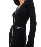 Vestido de punto acanalado para mujer con rayas decorativas y bolsillos, minivestido de manga larga, 913875 negro