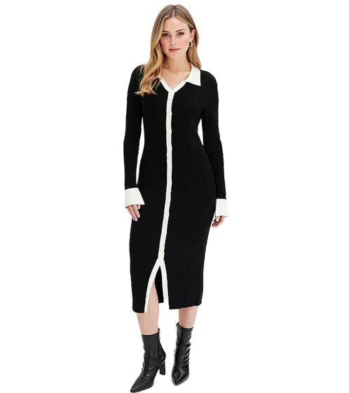 Women's Knitted Midi Shirt Dress, Long-Sleeved Dress with V-Neck, Knitted Dress 969584 Black