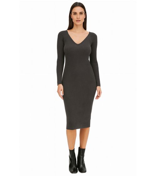 Women's Ribbed Midi Dress, Long Sleeve Dress, Slim Knit Dress, 933773 Gray