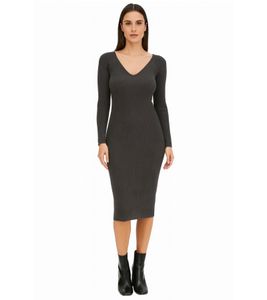 Abito midi a coste da donna, abito a maniche lunghe, abito in maglia sottile, 933773 Grigio Abito midi a coste da donna, abito a maniche lunghe, abito in maglia sottile, 933773 Grigio