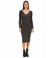 Abito midi a coste da donna, abito a maniche lunghe, abito in maglia sottile, 933773 Grigio