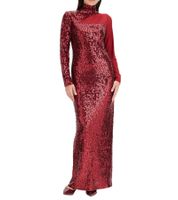 Abito da donna con paillettes e inserto in rete, abito a maniche lunghe con collo alto, abito da festa 932832 Rosso
