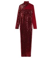 Abito da donna con paillettes e inserto in rete, abito a maniche lunghe con collo alto, abito da festa 932832 Rosso