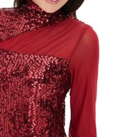 Abito da donna con paillettes e inserto in rete, abito a maniche lunghe con collo alto, abito da festa 932832 Rosso