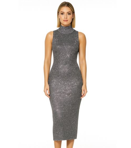 Women's Sparkling and Shiny Midi Dress, Long-Sleeved Rib Knit Dress, Knitted Dress with Stand-Up Collar, 954335 Gray