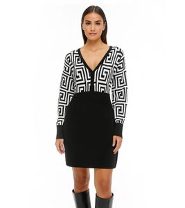 Abito in maglia da donna con motivo grafico, miniabito a maniche lunghe, 976171 Nero/Bianco Abito in maglia da donna con motivo grafico, miniabito a maniche lunghe, 976171 Nero/Bianco
