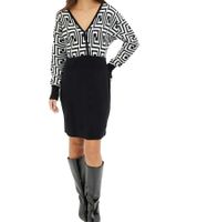 Women's Knit Dress with Graphic Pattern, Mini Dress with Long Sleeves, 976171 Black/White