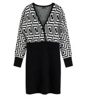 Women's Knit Dress with Graphic Pattern, Mini Dress with Long Sleeves, 976171 Black/White