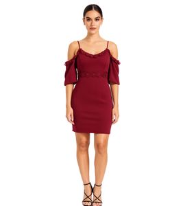 Women's Lace Dress, Off-the-Shoulder Mini Dress with Thin, Adjustable Straps, 951142 Burgundy-Red
