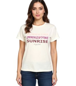 Camiseta BOYSEN'S para mujer, Camisa veraniega única con frases veraniegas, 65100734 Beige/Rosa