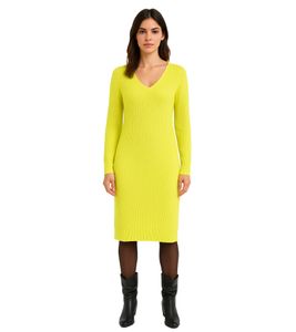 Women's Knit Dress with V-Neck Midi Dress 970677 Yellow