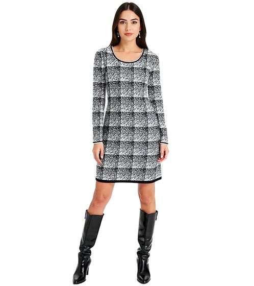 Damen Strick-Kleid im Karomuster Mini-Kleid mit langen Ärmeln 975864 Schwarz/Weiß