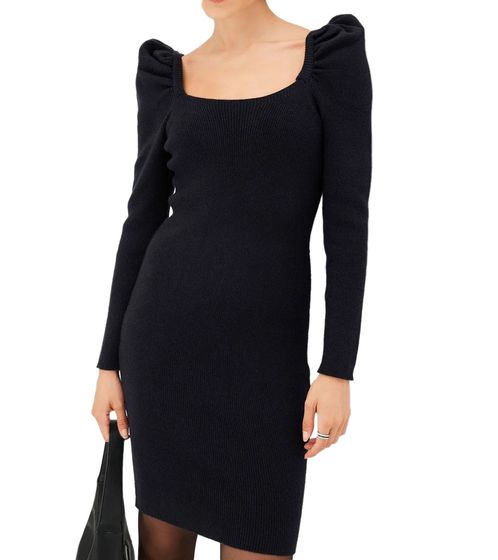 Vestido de punto acanalado para mujer con escote cuadrado, minivestido de manga larga, 906800 negro