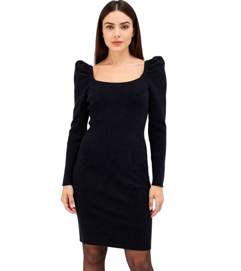 Damen Ripp-Strick-Kleid mit Karree-Ausschnitt Mini-Kleid mit langen Ärmeln 906800 Schwarz
